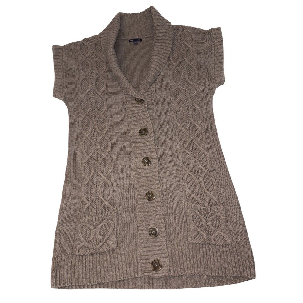 GAP Womens XL Sleeveless Cardigan Sweater Vest Cowl Neck Brown Chunky Cable Knit